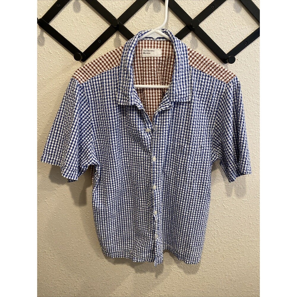 Universal Works Roads Shirt Seersucker Gingham Size Medium Brown Blue